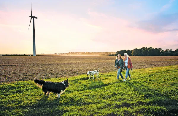 Spaziergänger mit Hunden vor Windrad